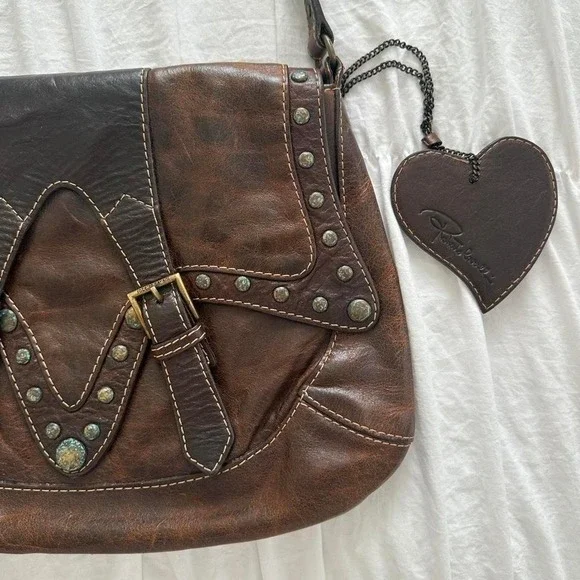 ROBERTO CAVALLI Brown Western Glam Leather Boho Turquoise Studded Structured Bag - Picture 4 of 8